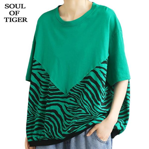 women's t-shirt soul of tiger style 2021 summer ladies green striped spliced t-shirts women cotton short sleeve tee girl casual printed, White