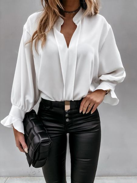 women's blouses & shirts autumn ruffles long sleeve blouse solid black v-neck loose female 2021 spring office casual ladies top, White
women's blouses & shirts autumn ruffles long sleeve blouse solid black v-neck loose female 2021 spring office casual ladies top, White