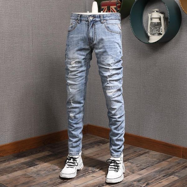 men's jeans european vintage fashion men retro light blue elastic slim fit ripped patchwork designer casual denim punk pants
men's jeans european vintage fashion men retro light blue elastic slim fit ripped patchwork designer casual denim punk pants