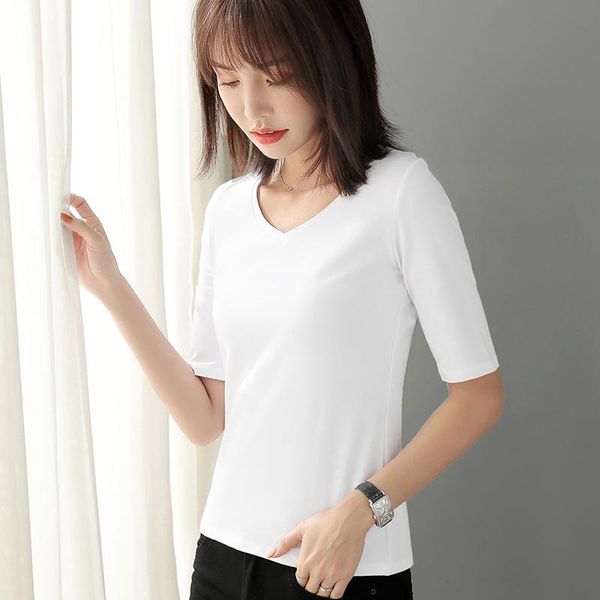 women's t-shirt womens lady cotton short sleeve v-neck woman tshirt all match basic half, White
women's t-shirt womens lady cotton short sleeve v-neck woman tshirt all match basic half, White