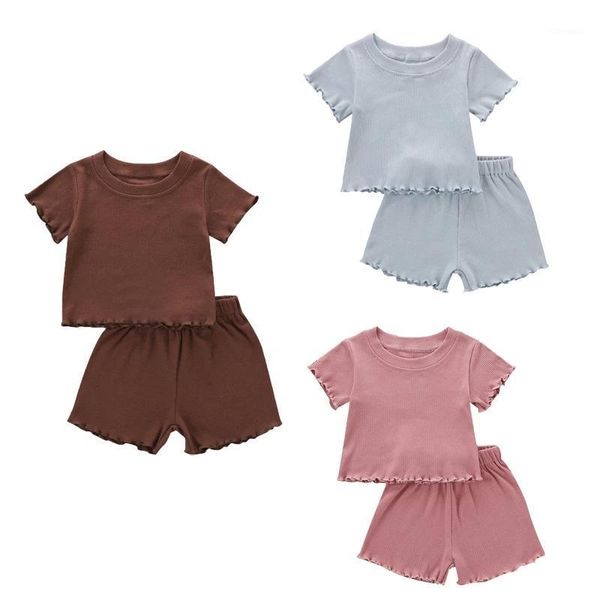 

1-5y summer causal kids girls clothes sets solid short sleeve pullover t shirts shorts 3 colors clothing, White