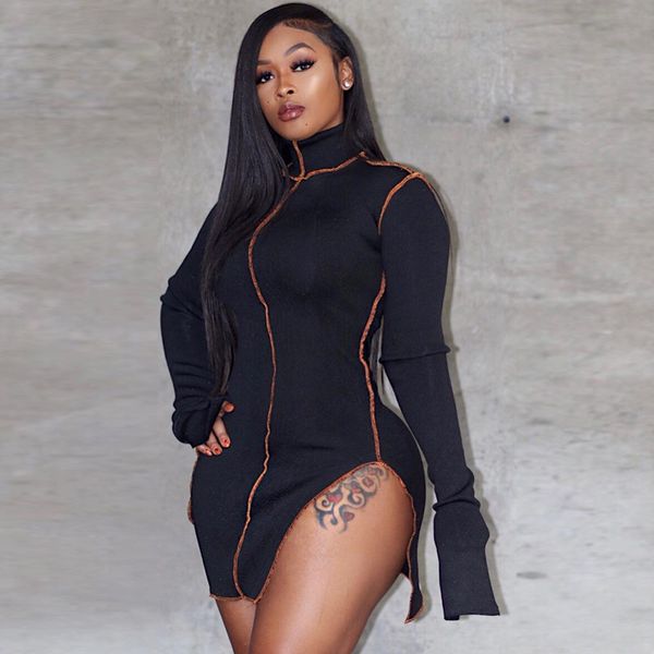 2021 fall black ribbed bodycon dress long sleeve turtleneck slit mini dresses for women club night wear, Black;white
2021 fall black ribbed bodycon dress long sleeve turtleneck slit mini dresses for women club night wear, Black;white