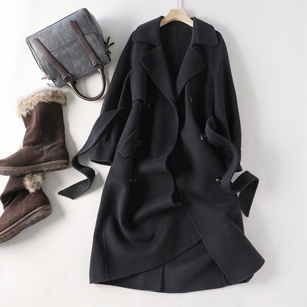 women's wool & blends autumn woolen coat women medium length casual style belt decoration lapel long sleeve double breasted overcoat d0, Black
women's wool & blends autumn woolen coat women medium length casual style belt decoration lapel long sleeve double breasted overcoat d0, Black