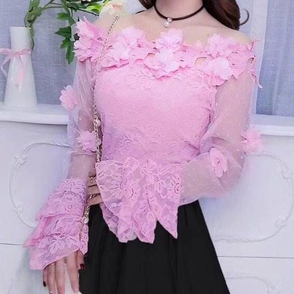 women's blouses & shirts women floral lace blouse autumn sweet slim mesh shirt slash neck off shoulder lady flare sleeve blusas sf, White
women's blouses & shirts women floral lace blouse autumn sweet slim mesh shirt slash neck off shoulder lady flare sleeve blusas sf, White