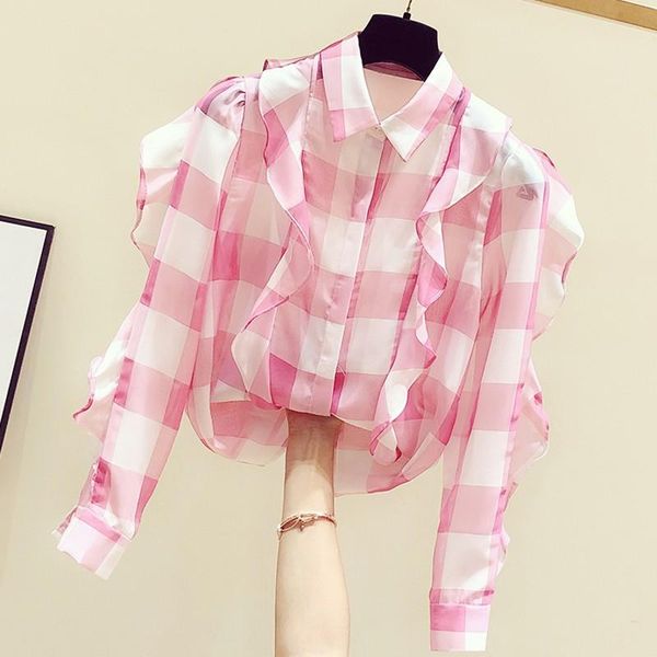women's blouses & shirts 2021 desicn pink plaid for women turn down collar ruffles long sleeve single breasted loose feminine chiffon, White
women's blouses & shirts 2021 desicn pink plaid for women turn down collar ruffles long sleeve single breasted loose feminine chiffon, White