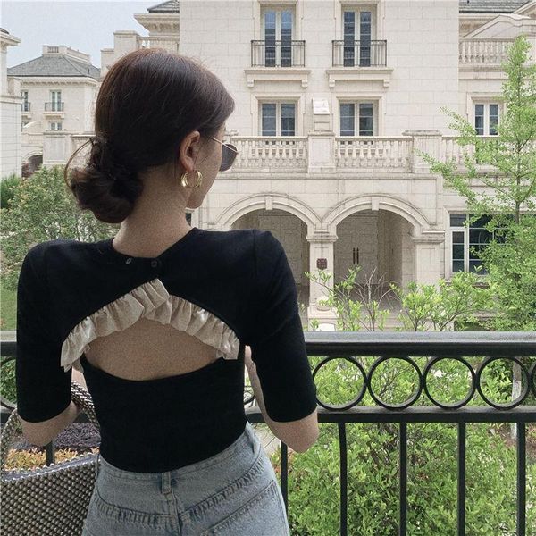 women's t-shirt fashion ruffles backless summer 2021 hong kong style design black slim short open back sleeve, White
women's t-shirt fashion ruffles backless summer 2021 hong kong style design black slim short open back sleeve, White