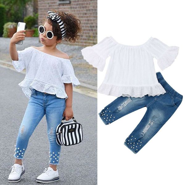 1-6 years kids baby girls clothes set off shoulder white lace shirt pearl denim long pants jeans toddler set girls outfits, White;black
1-6 years kids baby girls clothes set off shoulder white lace shirt pearl denim long pants jeans toddler set girls outfits, White;black