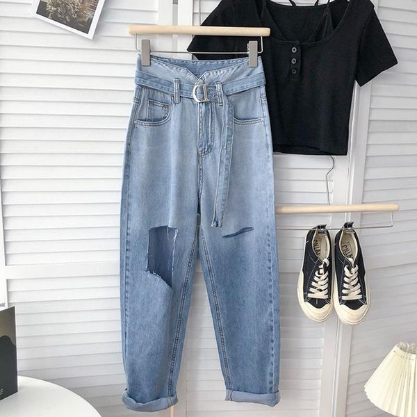 women's jeans shnsophi summer women loose hole long denim pants with belt casual female high waist wide leg straight korean retro ladie, Blue 
women's jeans shnsophi summer women loose hole long denim pants with belt casual female high waist wide leg straight korean retro ladie, Blue
