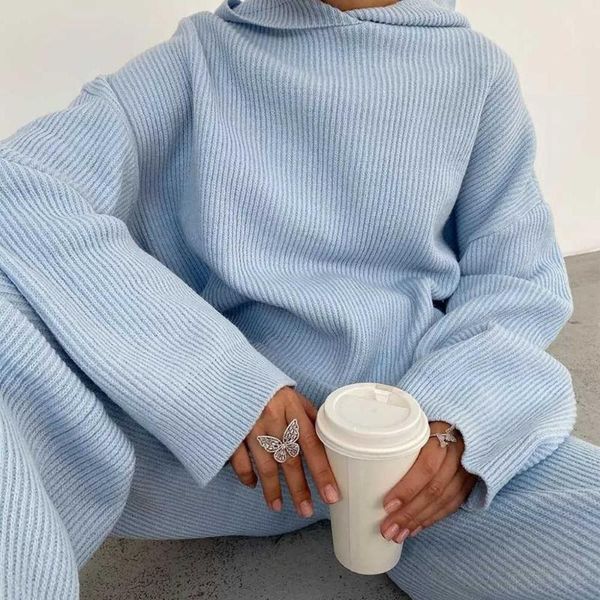 women's two piece pants casual stripe suit home blue knitting autumn winter indoor warm hooded long sleeve loose set, White
women's two piece pants casual stripe suit home blue knitting autumn winter indoor warm hooded long sleeve loose set, White