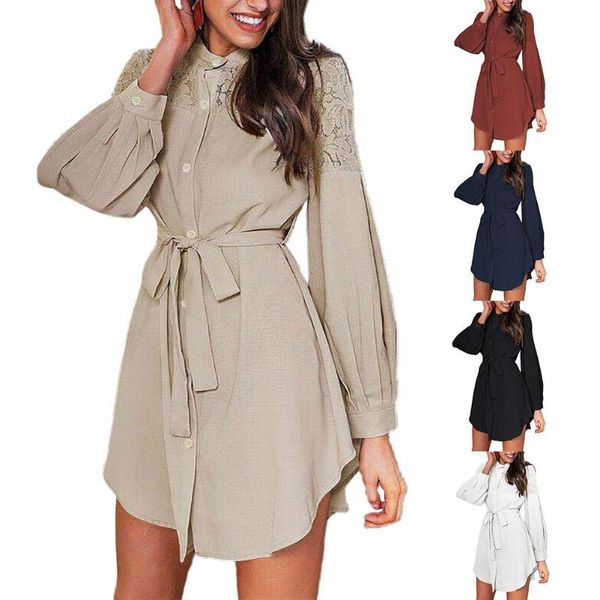 women autumn winter puff sleeve buttons lace patchwork belt shirt a-line dress solid color casual dresses, Black;gray
women autumn winter puff sleeve buttons lace patchwork belt shirt a-line dress solid color casual dresses, Black;gray