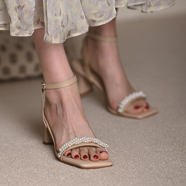 sandals women's summer shoes outer wear thick heel open toe french retro pearl genuine leather high heels modern sandal, Black
sandals women's summer shoes outer wear thick heel open toe french retro pearl genuine leather high heels modern sandal, Black