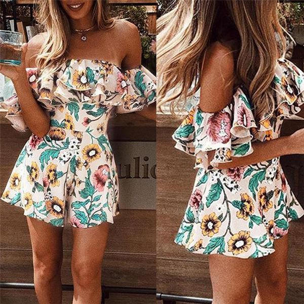 summer fashion short off shoulder women jumpsuits overall floral printed playsuit beach holiday wear ruffle romper, Black;white
summer fashion short off shoulder women jumpsuits overall floral printed playsuit beach holiday wear ruffle romper, Black;white
