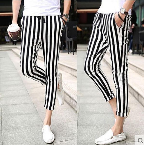 men's clothing gd hair stylist fashion summer stripe ankle length trousers skinny pants plus size singer costumes 27-44, Black