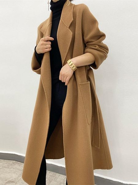 women's wool & blends 21 water ripple lapel double-sided cashmere blend coat mid-length korean loose over the knee outwear with belt, Black
women's wool & blends 21 water ripple lapel double-sided cashmere blend coat mid-length korean loose over the knee outwear with belt, Black