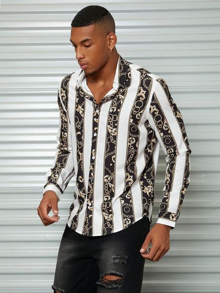 men chain print colorblock shirt c9p7#, White;black
men chain print colorblock shirt c9p7#, White;black