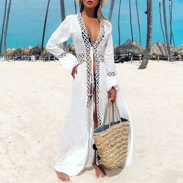women's swimwear 2021 summer white round hole lace splicing cardigan sun protection shirt long dress fashion hollow out sleeve, White;black 
women's swimwear 2021 summer white round hole lace splicing cardigan sun protection shirt long dress fashion hollow out sleeve, White;black