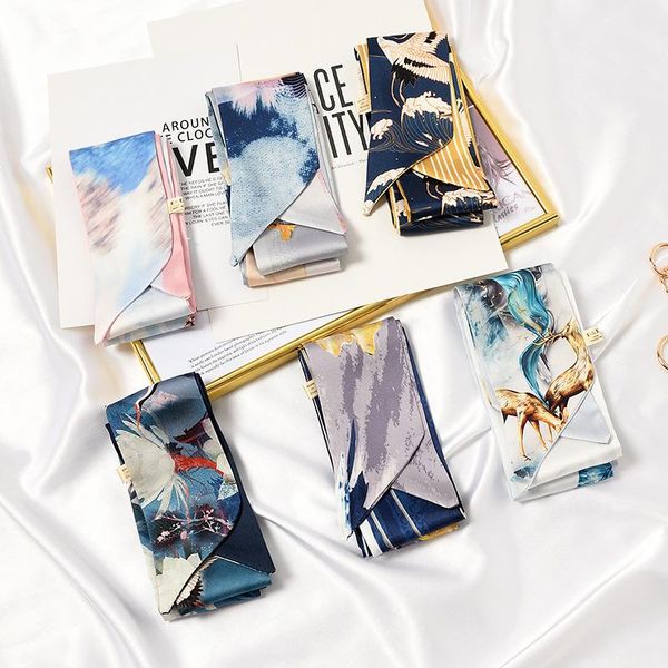 korean narrow spring and autumn silk scarf women's long hair belt versatile decoration retro ribbon scarves, Blue;gray 
korean narrow spring and autumn silk scarf women's long hair belt versatile decoration retro ribbon scarves, Blue;gray