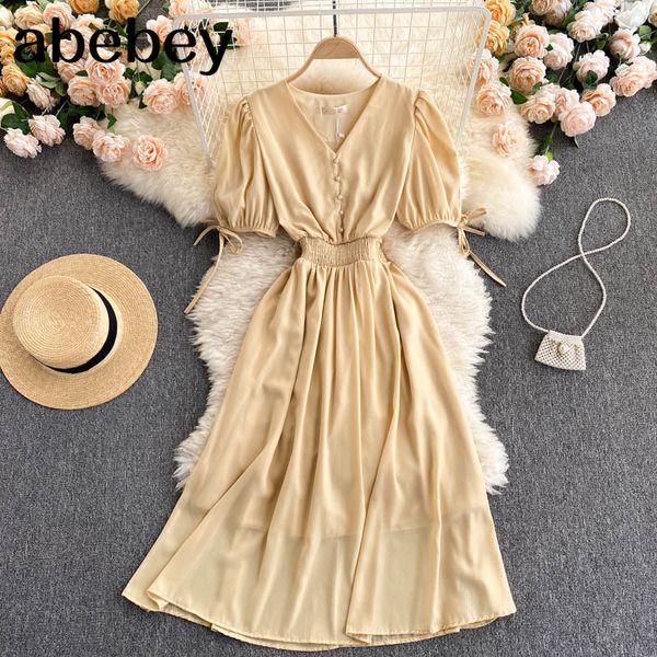 women elegant french dress sweet puff sleeve v neck a-line office summer buttom fashion casual streetwear 210512, Black;gray
women elegant french dress sweet puff sleeve v neck a-line office summer buttom fashion casual streetwear 210512, Black;gray