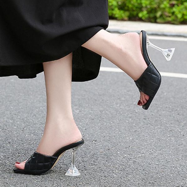 thick high heels, plus size 35-46 female slippers design woven crystal wine glasses, Black 
thick high heels, plus size 35-46 female slippers design woven crystal wine glasses, Black