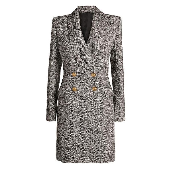 est fall winter 2021 designer coat women's double breasted lion buttons herringbone wool blends, Black
est fall winter 2021 designer coat women's double breasted lion buttons herringbone wool blends, Black