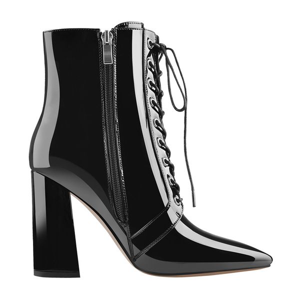 pointed toe black color patent leather lace up chunky 12cm high heels side zipper ankle boots for winter 2019
pointed toe black color patent leather lace up chunky 12cm high heels side zipper ankle boots for winter 2019
