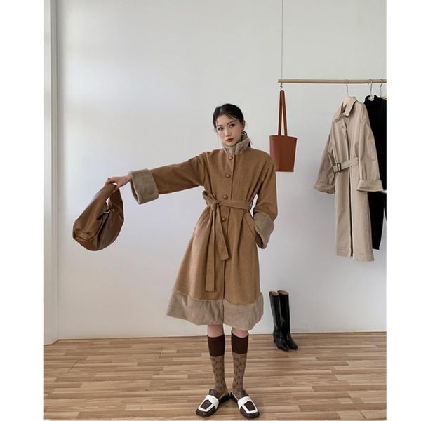 women's wool & blends womens winter woolen coat khaki stitching mid-length high collar lace a-line temperament elegant korean jacket wa, Black
women's wool & blends womens winter woolen coat khaki stitching mid-length high collar lace a-line temperament elegant korean jacket wa, Black