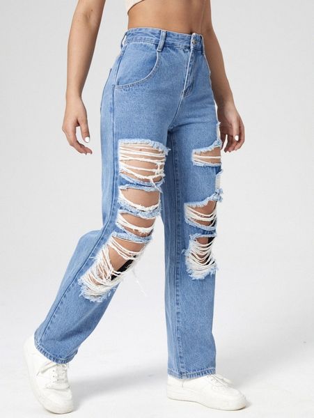 high waist ripped straight leg jeans m6pr#, Blue 
high waist ripped straight leg jeans m6pr#, Blue