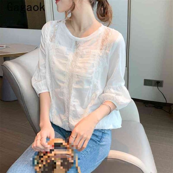 women office lady chiffon shirt summer solid o-neck puff sleeve lace full loose simple wild and blouses 210531, White
women office lady chiffon shirt summer solid o-neck puff sleeve lace full loose simple wild and blouses 210531, White