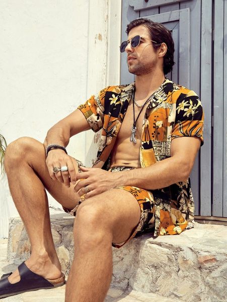 men floral patchwork print shirt with shorts m0uy#, Gray 
men floral patchwork print shirt with shorts m0uy#, Gray