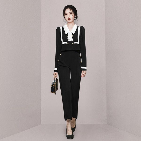 women's two piece pants 2021 autumn stylish long sleeves straight-leg trousers navy style elegant two-piece set, White
women's two piece pants 2021 autumn stylish long sleeves straight-leg trousers navy style elegant two-piece set, White