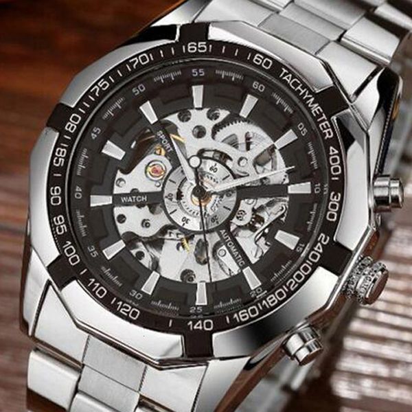 swiss men's fashion steel band watch automatic hollow mechanical watch, Slivery;brown
swiss men's fashion steel band watch automatic hollow mechanical watch, Slivery;brown