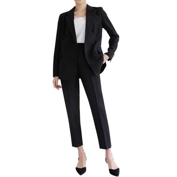 women's two piece pants black casual suit two-piece double-breasted jacket with trousers office lady women suits, White
women's two piece pants black casual suit two-piece double-breasted jacket with trousers office lady women suits, White