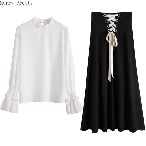 two piece dress womens set flare sleeve stand collar ruffles blouse hight waist mid-calf lace up skirt drawstring pleated, White
two piece dress womens set flare sleeve stand collar ruffles blouse hight waist mid-calf lace up skirt drawstring pleated, White