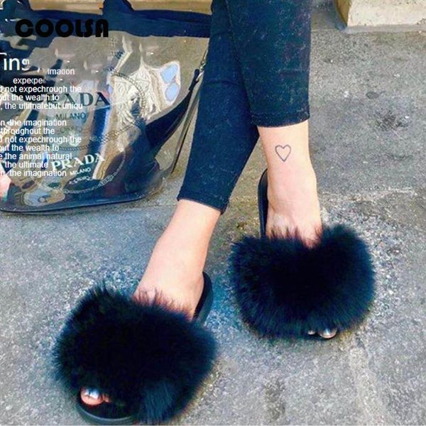 faux fur furry indoor slippers women fluffy plush slides cute raccoon flip flops flat non-slip casual beach sandals, Black 
faux fur furry indoor slippers women fluffy plush slides cute raccoon flip flops flat non-slip casual beach sandals, Black
