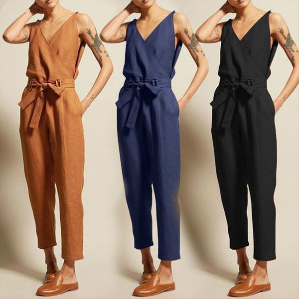 mazefeng solid printed lace up women rompers pocket v neck sleeveless long straight pants summer overalls female cargo jumpsuits, Black;white 
mazefeng solid printed lace up women rompers pocket v neck sleeveless long straight pants summer overalls female cargo jumpsuits, Black;white