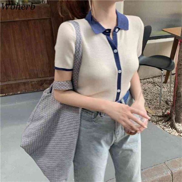 thin knitted t-shirt women's summer korean shirt turn down collar contrast color patchwork slim short sleeve 210519, White
thin knitted t-shirt women's summer korean shirt turn down collar contrast color patchwork slim short sleeve 210519, White