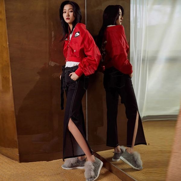 women's two piece pants star with the stand collar cartoon embroidered long-sleeved baseball uniform jacket + split long jeans suit es8, White
women's two piece pants star with the stand collar cartoon embroidered long-sleeved baseball uniform jacket + split long jeans suit es8, White