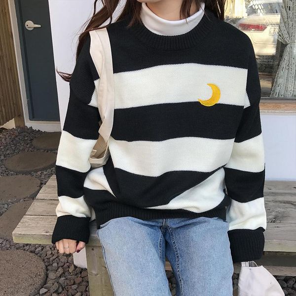 women's sweaters kawaii cute lovely college candy color stripes moon sets embroidery sweater female harajuku pullover for women, White;black
women's sweaters kawaii cute lovely college candy color stripes moon sets embroidery sweater female harajuku pullover for women, White;black