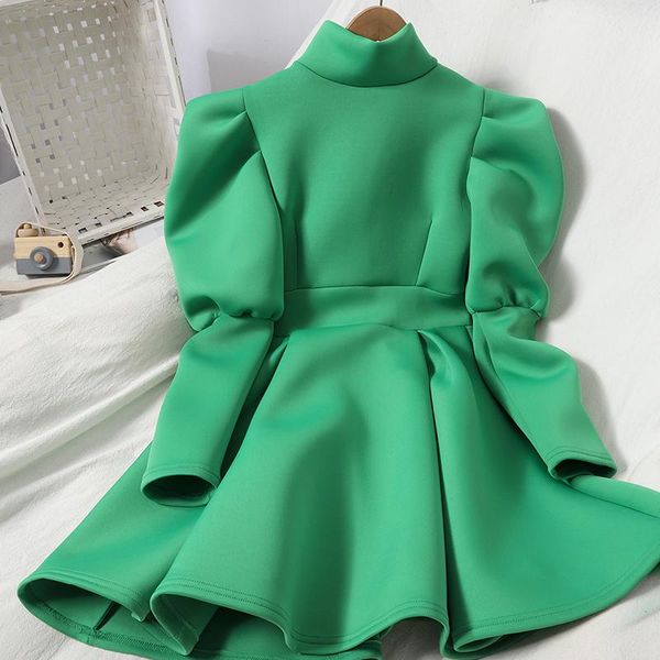 casual dresses half high collar puff long sleeve woman dress waist draped design vestidos fall 2021 korean fashion elegant zipper robe, Black;gray
casual dresses half high collar puff long sleeve woman dress waist draped design vestidos fall 2021 korean fashion elegant zipper robe, Black;gray