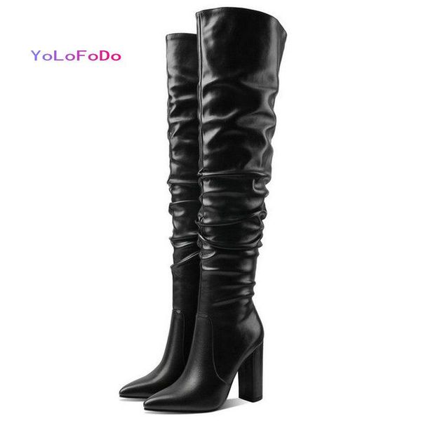 boots black red brown beige women over the knee faux leather square high heel pointed toe ladies thigh pu