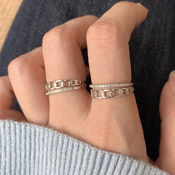 cluster rings real 925 sterling silver double layered chain pattern open dainty zircon adjustable ring for women girls, Golden;silver 
cluster rings real 925 sterling silver double layered chain pattern open dainty zircon adjustable ring for women girls, Golden;silver