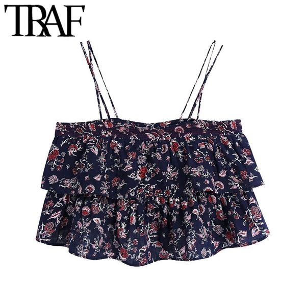 women fashion with frills printed cropped blouses vintage thin straps ruffled hem female shirts blusas chci 210507, White
women fashion with frills printed cropped blouses vintage thin straps ruffled hem female shirts blusas chci 210507, White