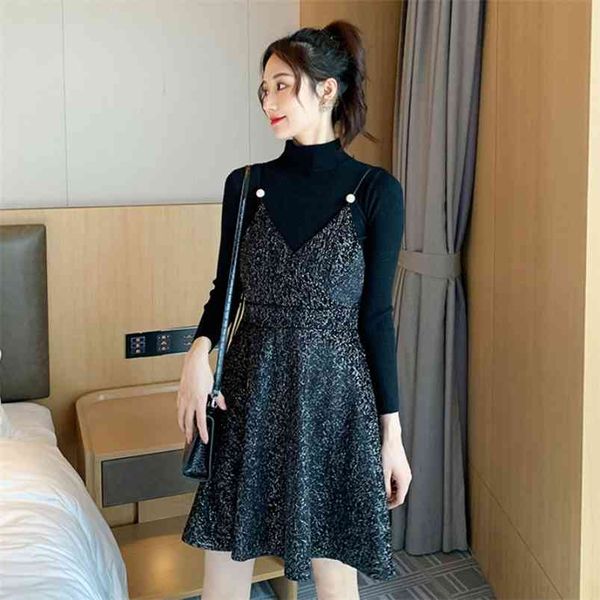 women's autumn winter suit french retro sling dress solid color long-sleeved two-piece slim female sets qx859 210507, Black;gray 
women's autumn winter suit french retro sling dress solid color long-sleeved two-piece slim female sets qx859 210507, Black;gray