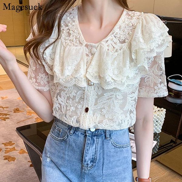 women's blouses & shirts summer lace shirt fashion sweet ruffle stitching women transparent embroidery floral bead short sleeve blouse, White
women's blouses & shirts summer lace shirt fashion sweet ruffle stitching women transparent embroidery floral bead short sleeve blouse, White