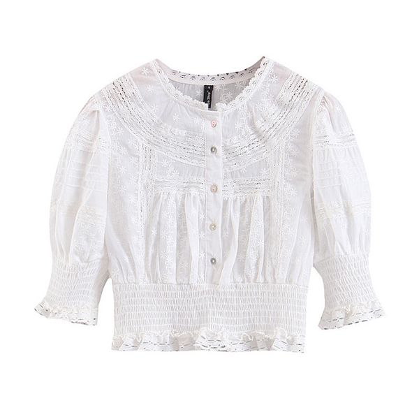 women white solid shirt stand collar half sleeve spring summer puff lace blouse button b0662 210514
women white solid shirt stand collar half sleeve spring summer puff lace blouse button b0662 210514