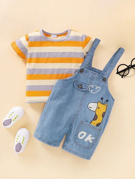 baby block striped tee and cartoon graphic overall she, White
baby block striped tee and cartoon graphic overall she, White