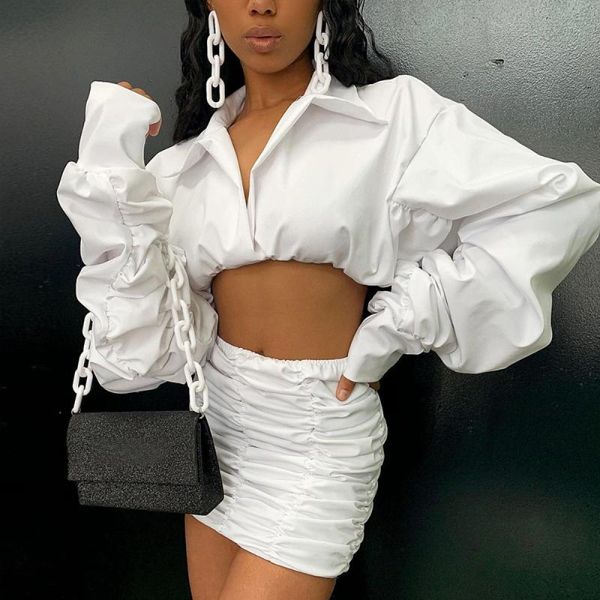two piece dress set ruched long sleeve crop and skirt autumn winter v neck party pack hip office ladies bodycon, White 
two piece dress set ruched long sleeve crop and skirt autumn winter v neck party pack hip office ladies bodycon, White