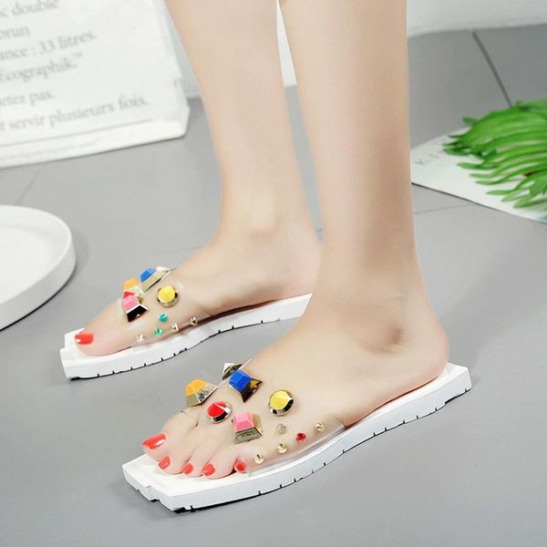 holiday candy color jelly sandals flip flops women colorful crystal open toe beach slides rivets studded soft flats slippers, Black 
holiday candy color jelly sandals flip flops women colorful crystal open toe beach slides rivets studded soft flats slippers, Black