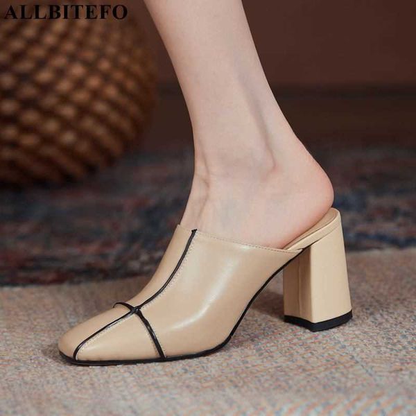 allbitefo size 34-43 square toe soft genuine leather women slippers summer expose the heel flip flops women heels shoes 210611, Black