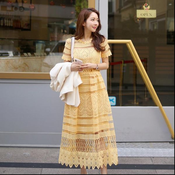 yellow lace womens dress summer short sleeved o neck hollow crochet slim dance party long, Black;gray
yellow lace womens dress summer short sleeved o neck hollow crochet slim dance party long, Black;gray
